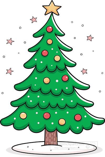 Beautiful Christmas tree with colorful ornaments star topper and falling snow perfect for holiday cards decorations and festive winter scenes