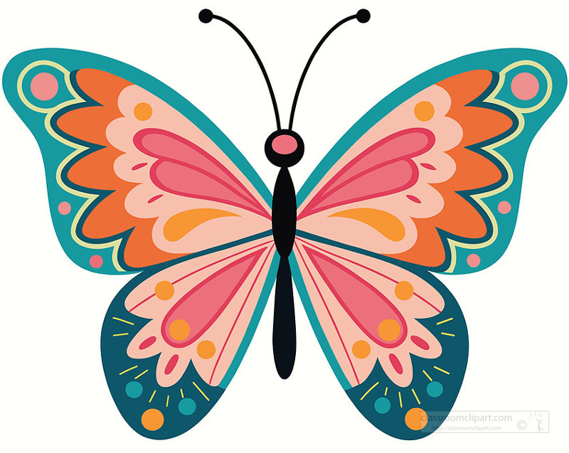 Detailed decorative butterfly with vibrant orange and teal wings in symmetrical design