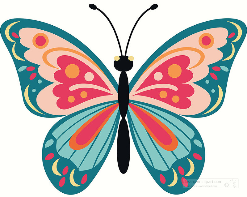 Elegant butterfly with pink and teal patterned wings in detailed symmetrical style