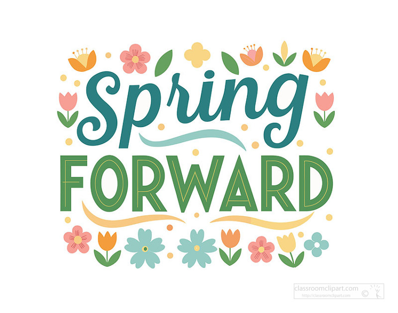 Elegant spring forward lettering with vibrant flowers and leafy accents