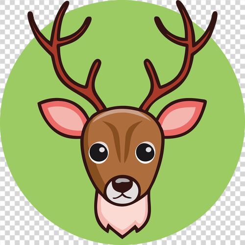 Cartoon style deer head with antlers set against a green background