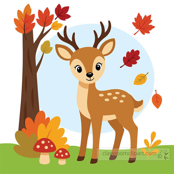 A young deer stands beside an autumn tree with falling leaves mushrooms and a pale blue background