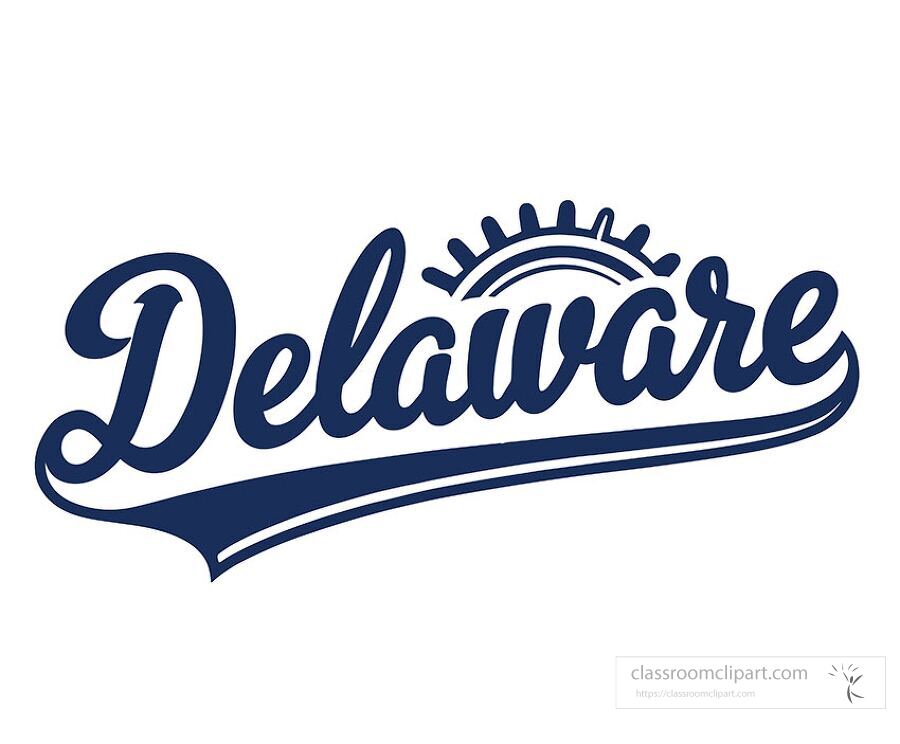 Vintage style Delaware state name logo with rising sun graphic perfect for educational posters and classroom displays