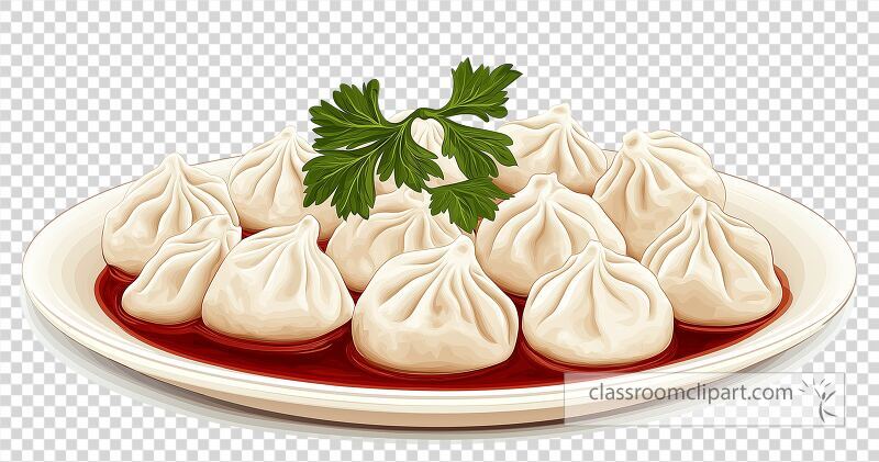 A plate features multiple dumplings arranged neatly with a rich sauce underneath Fresh green herbs add a touch of color making this dish appetizing and inviting