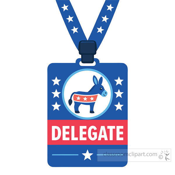 Blue Democratic delegate badge on a star patterned lanyard with a donkey symbol and bold Delegate text