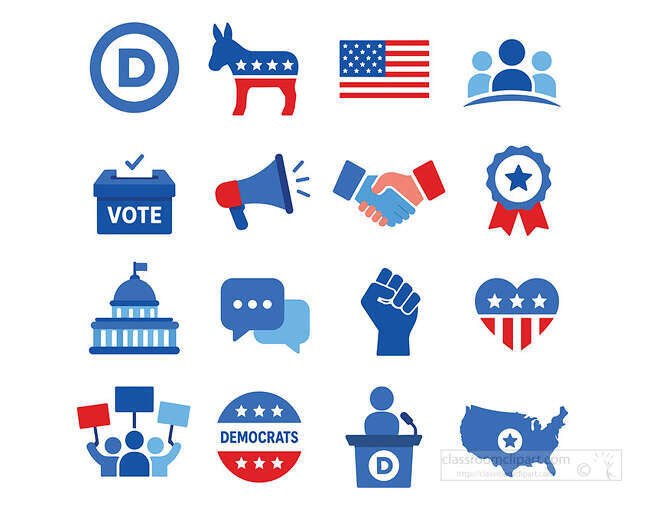 Democratic election icons with donkey flag vote box megaphone handshake capitol podium and USA map