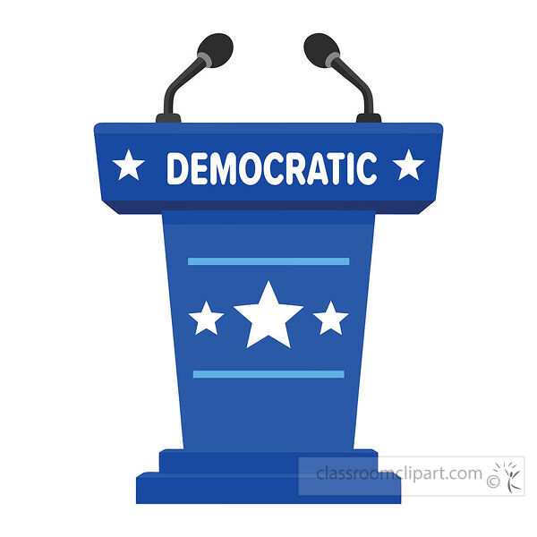 Blue Democratic podium with two microphones white stars and bold Democratic text across the front panel