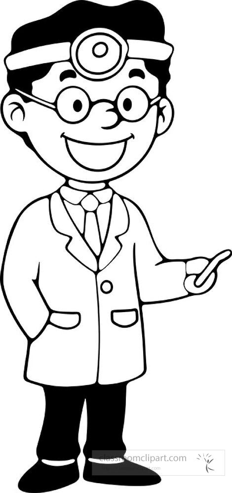 A cheerful dentist is depicted in a black outline style wearing a white coat and holding a dental tool The character showcases a welcoming smile ideal for dental related materials