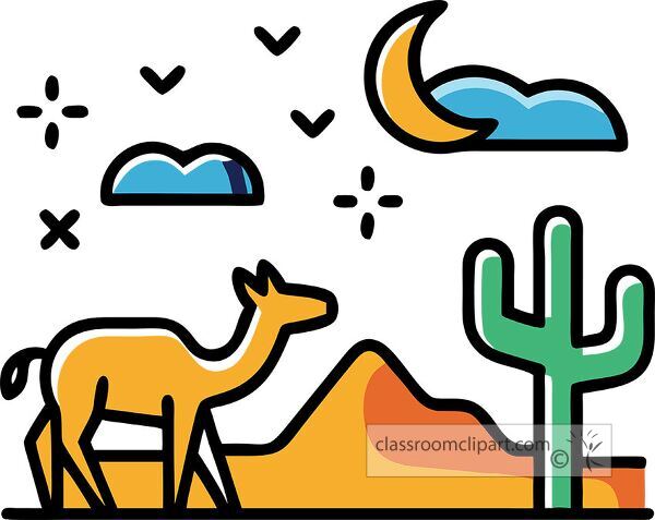 A stylized illustration of a desert landscape featuring a camel, cactus, mountains, and clouds under a crescent moon.