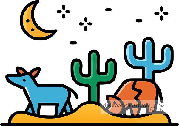 A colorful illustration of a desert scene featuring a blue dog and an orange cow, surrounded by green cacti and a crescent moon in the night sky.