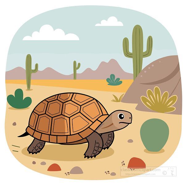Illustration of a desert tortoise walking in a sandy habitat with cactus and rocks. Great for reptile studies, desert habitat lessons, and wildlife education.