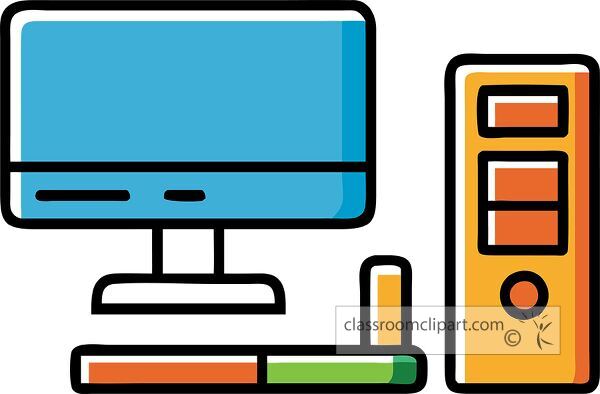 Stylized desktop PC icon features bold outlines and bright colors