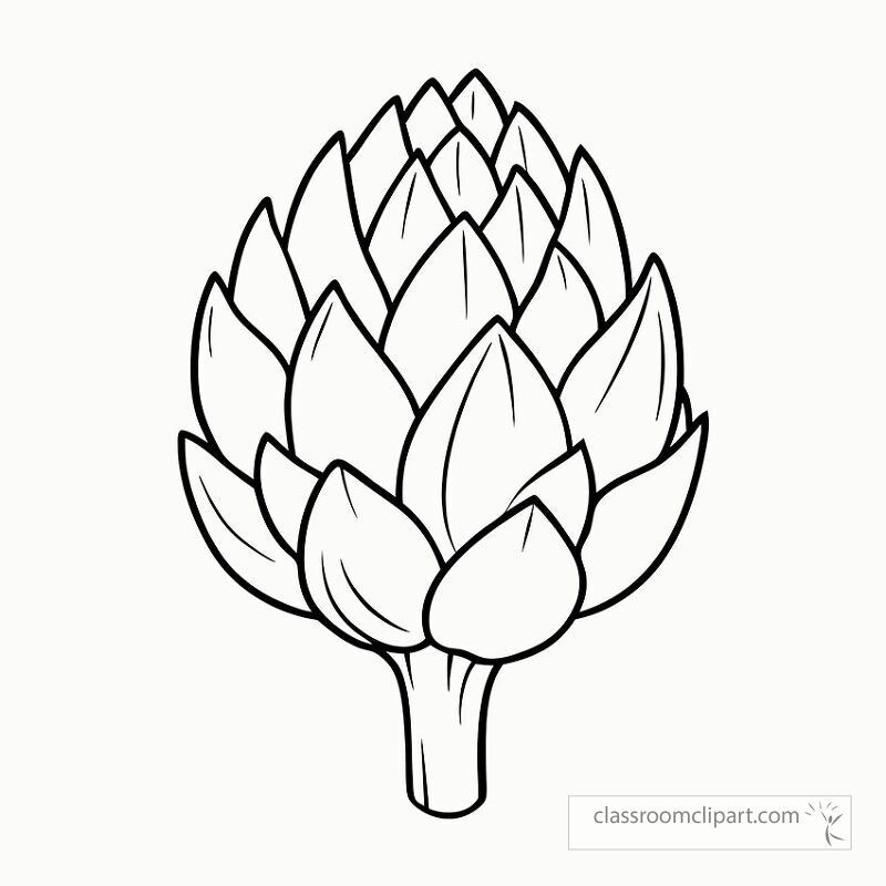 This black outline drawing showcases an artichoke plant with intricate details. Ideal for coloring or as a decorative element. Perfect for art projects or educational purposes.