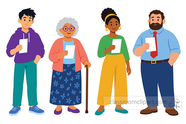 Four diverse adults stand together holding voting papers including an older woman with glasses and a cane