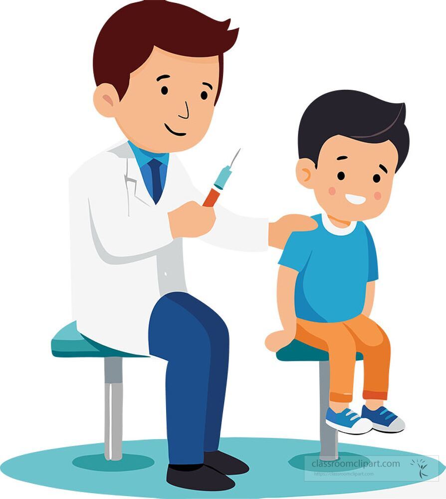 A doctor prepares to give a vaccination to a young boy who is smiling yet a bit apprehensive The setting is a clinic with a friendly atmosphere suitable for children