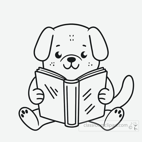 Dog reading book coloring page showing a simple black outline kitten holding an open book