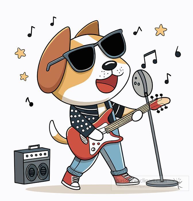 Cartoon dog wearing sunglasses and leather jacket playing electric guitar with amplifier and musical notes around