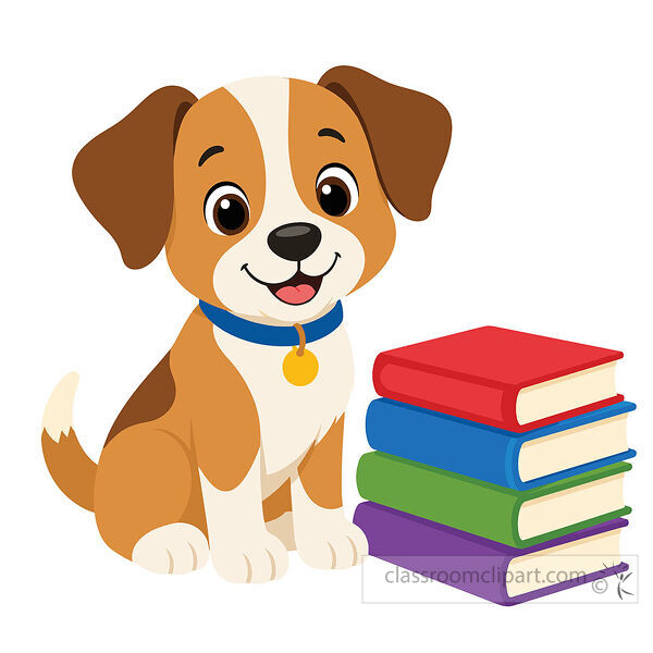 A smiling brown and white dog with a blue collar sits beside a stack of red blue green and purple books