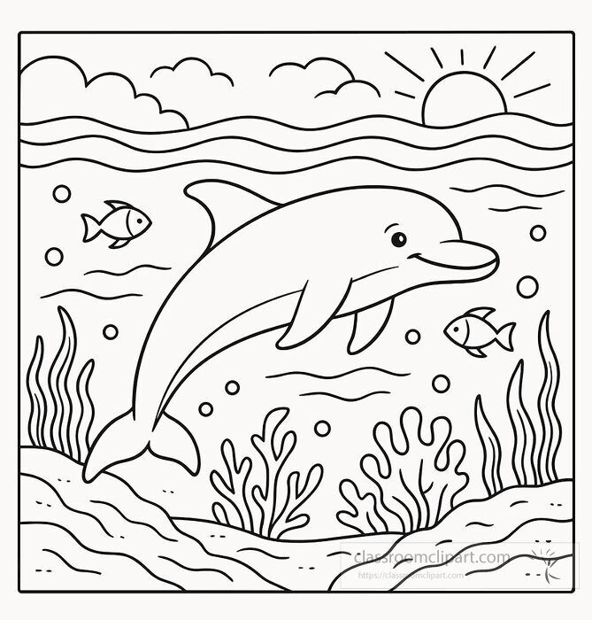 A happy cartoon dolphin swimming in the ocean among fish bubbles seaweed and coral reef for children to color