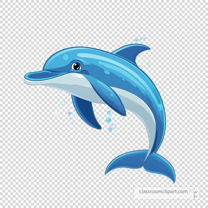 A vibrant dolphin is swimming playfully featuring shades of blue and white The cheerful aquatic creature is surrounded by bubbles showcasing its lively nature in the ocean