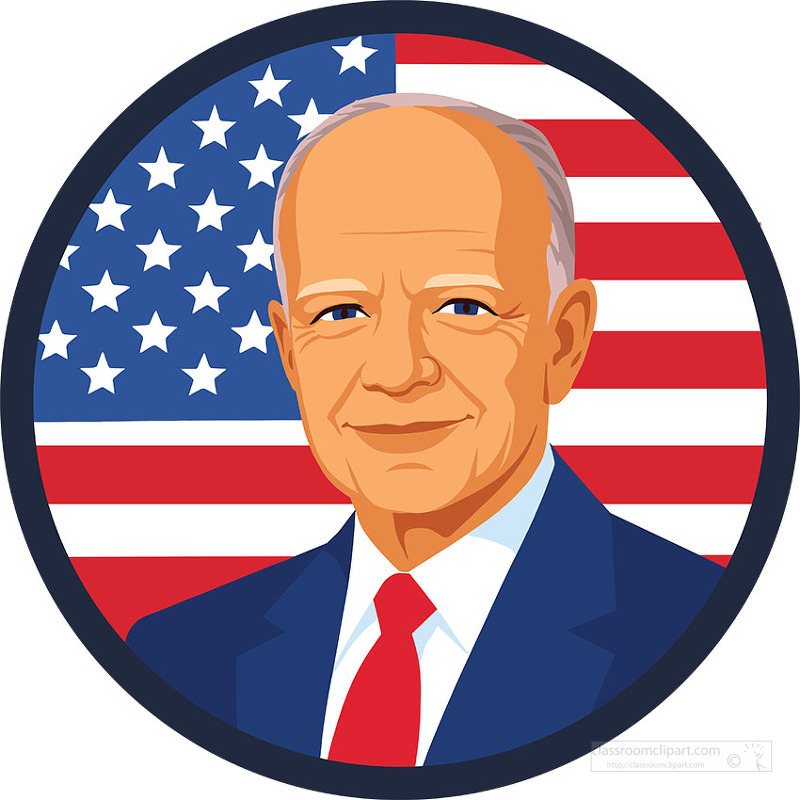Illustrated portrait of Dwight D Eisenhower wearing a suit with a patriotic United States flag behind