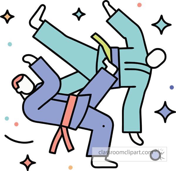 Two stylized figures in martial arts uniforms engaged in a dynamic move, with colorful stars and dots in the background.