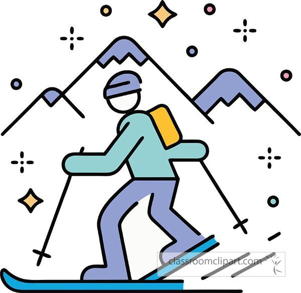 A colorful illustration of a skier navigating down a slope, surrounded by stylized mountains and decorative stars. The skier is wearing a blue outfit with a backpack, showcasing a dynamic skiing pose.