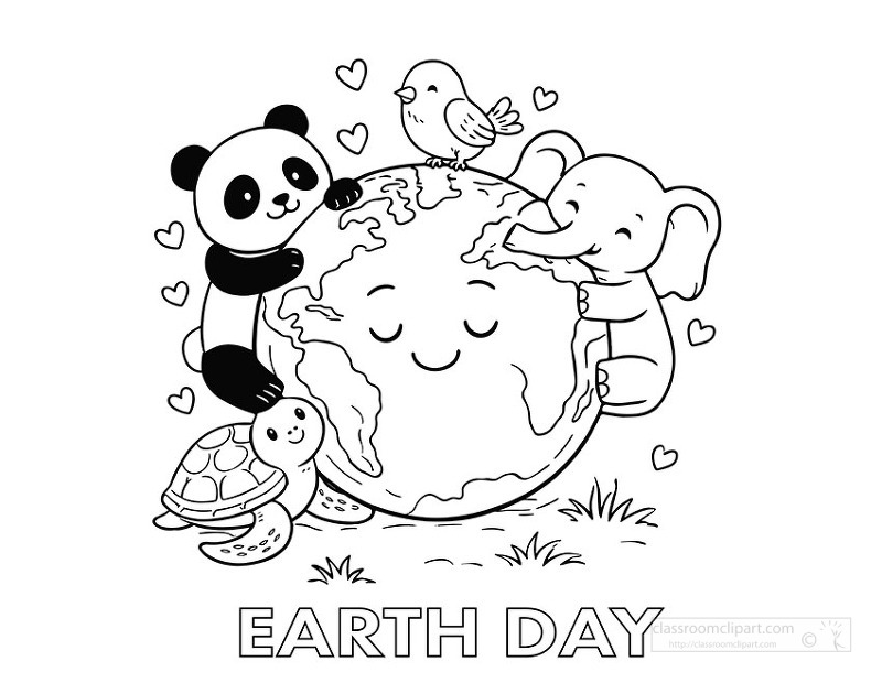 Earth day coloring page showing animals hugging the planet to teach kids about caring for the environment