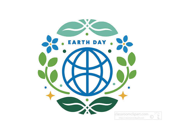 Earth Day text above a blue globe surrounded by green leaves blue flowers and small decorative stars Icon