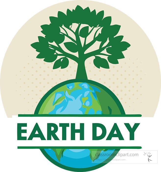 Illustration of an Earth Day logo featuring a green tree growing from the planet Earth symbolizing environmental awareness and sustainability