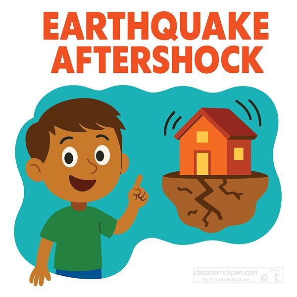 Cartoon educational clipart showing a child explaining earthquake aftershocks with a shaking house and cracked ground