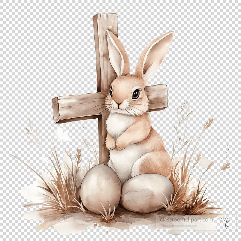 A cute bunny rests beside a rustic wooden cross and two eggs on grassy ground This charming design evokes feelings of Easter and spring, featuring gentle tones and a serene atmosphere Ideal for seasonal decorations or crafts