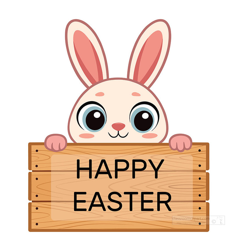 Smiling bunny peeking over wooden sign displaying happy easter greeting