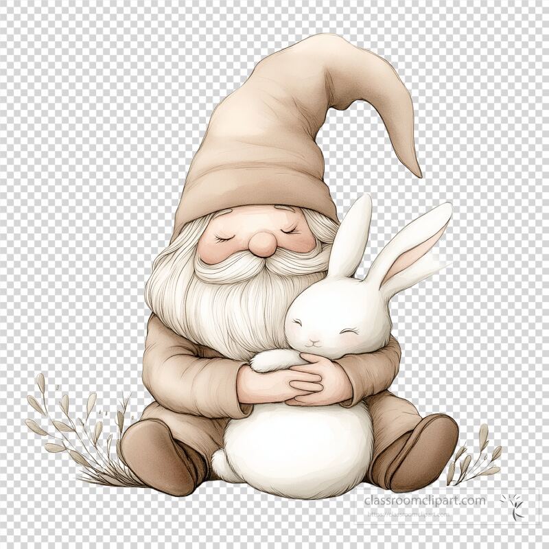 A charming gnome with a long white beard and pointed hat gently holds a fluffy white bunny in a cozy embrace This peaceful moment captures the spirit of Easter, showcasing love, warmth, and the joy of friendship in a whimsical style