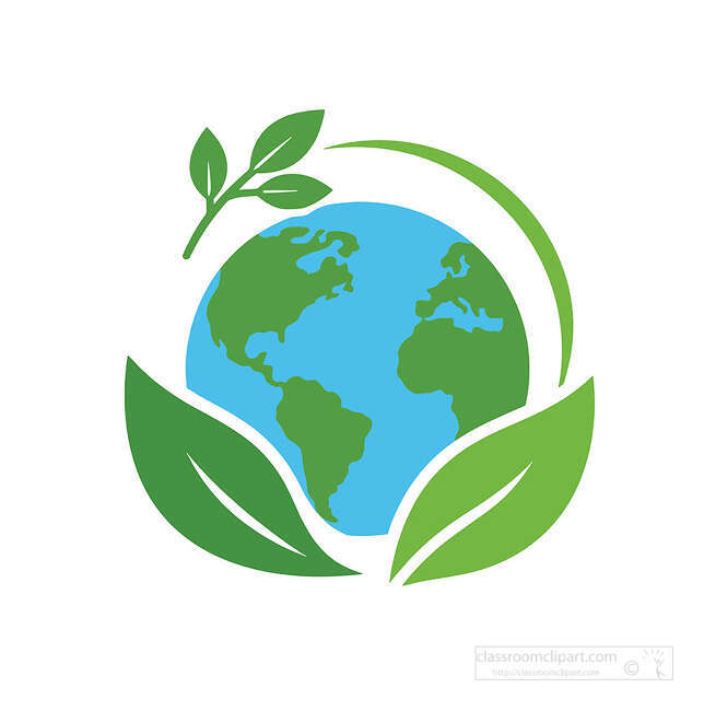 Blue and green earth surrounded by large green leaves a small leaf branch and curved green accent line