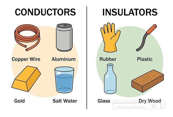 Simple educational chart comparing conductors like copper, aluminum, gold, and salt water with insulators such as rubber, plastic, glass, and dry wood. Perfect for science lessons and classroom posters