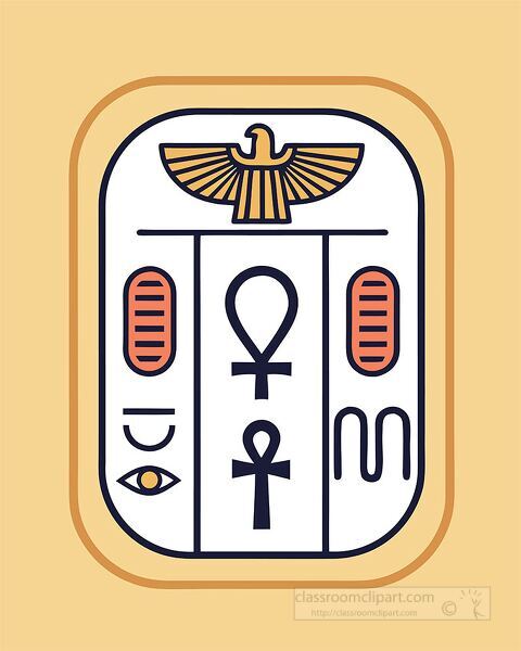 Vector illustration of an ancient Egyptian cartouche containing hieroglyphic symbols and decorative elements. Ideal for teaching Egyptian writing and cultur