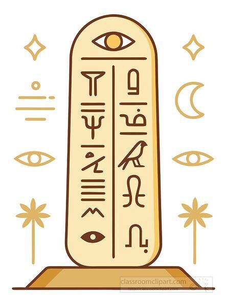 vector clipart of an ancient Egyptian obelisk inscribed with hieroglyphics, surrounded by cultural motifs. Useful for teaching history and ancient civilizations