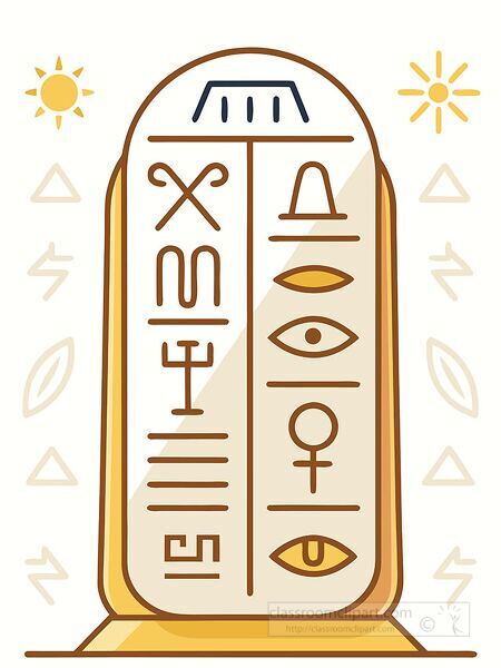 Vector clipart of a stone tablet engraved with Egyptian hieroglyphics and ancient symbols. Great for history education and classroom displays.