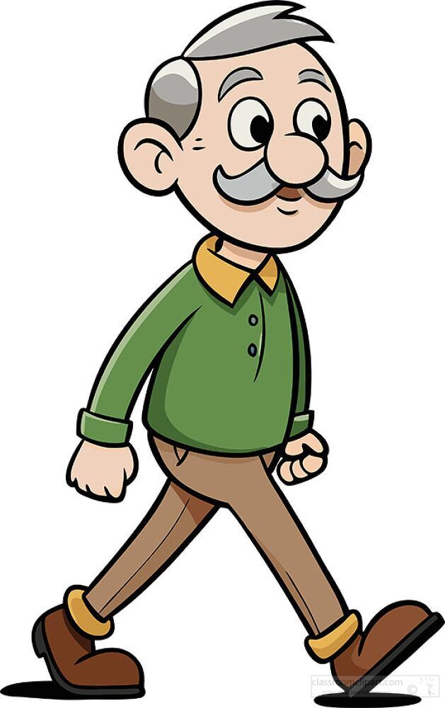 An elderly man with a friendly smile walks slowly along a path. His green sweater and cheerful demeanor suggest a joyful moment in a lively urban area, bringing warmth to the surroundings.