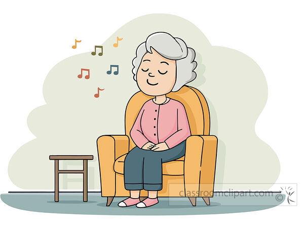 Elderly woman sitting peacefully in a yellow armchair with colorful music notes near a small table