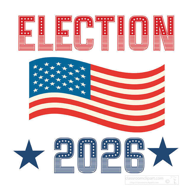 Election 2026 text with a waving American flag blue stars and red white and blue lettering