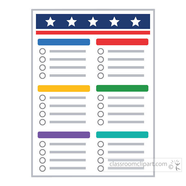 Full page election ballot form with patriotic header stars red stripe colored sections and blank voting circles