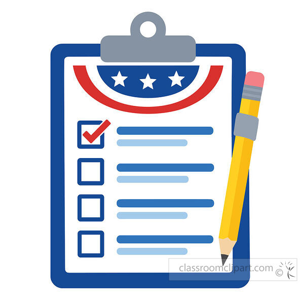 Election clipboard with checked ballot list patriotic bunting and yellow pencil for voting form projects