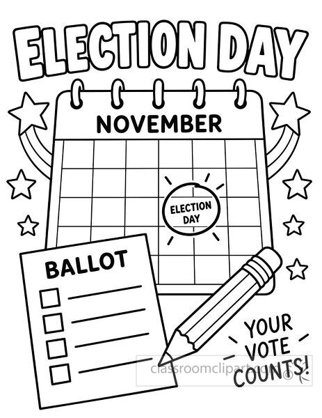 Election Day coloring page with November calendar ballot sheet pencil stars and your vote counts text