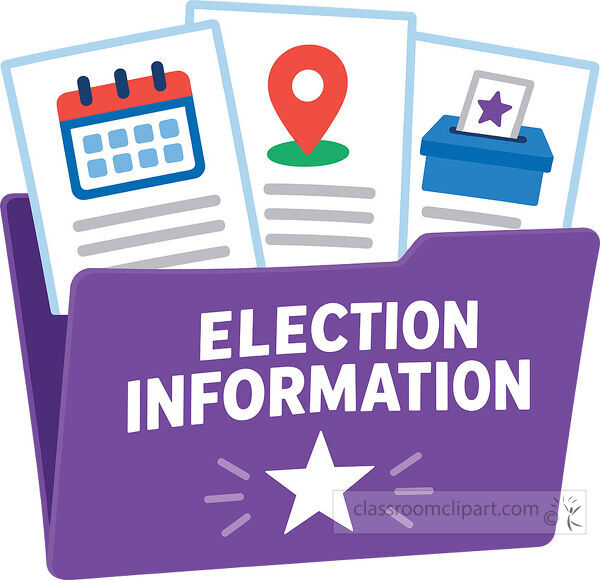 Purple election information folder with papers showing a calendar location marker and ballot bo