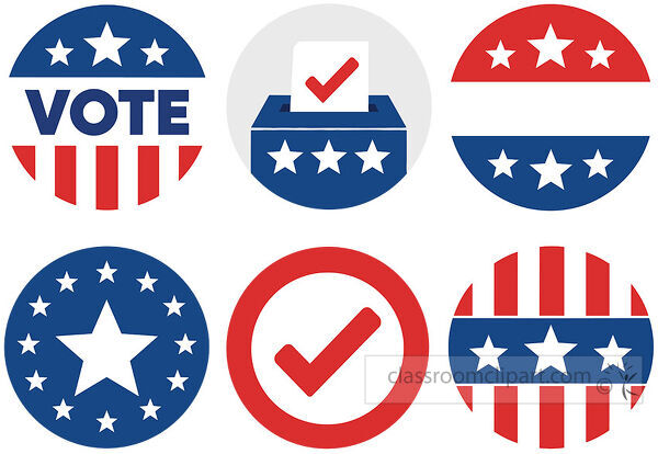 Patriotic vote badge set with ballot box check mark stars stripes and red blue circular election symbols