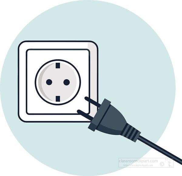 Educational illustration of an electric plug and socket on blue background for teaching safe electricity use