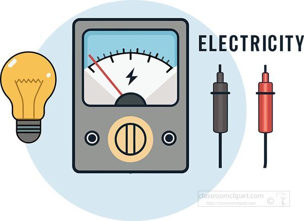 Illustration showing an electricity measurement meter, probes, and light bulb for science education