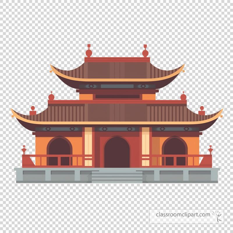 This artwork showcases a traditional old Chinese temple featuring ornate roofs and a welcoming entrance The flat design highlights the architectural beauty and cultural significance of the structure